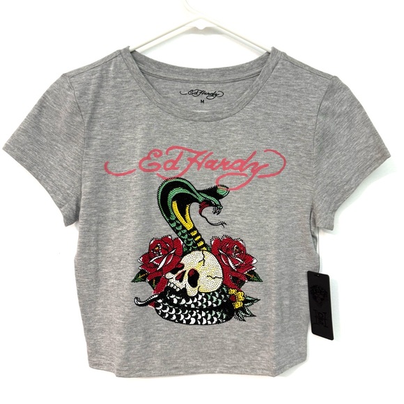 Ed Hardy Cropped Rhinestone T-Shirt - Picture 1 of 2